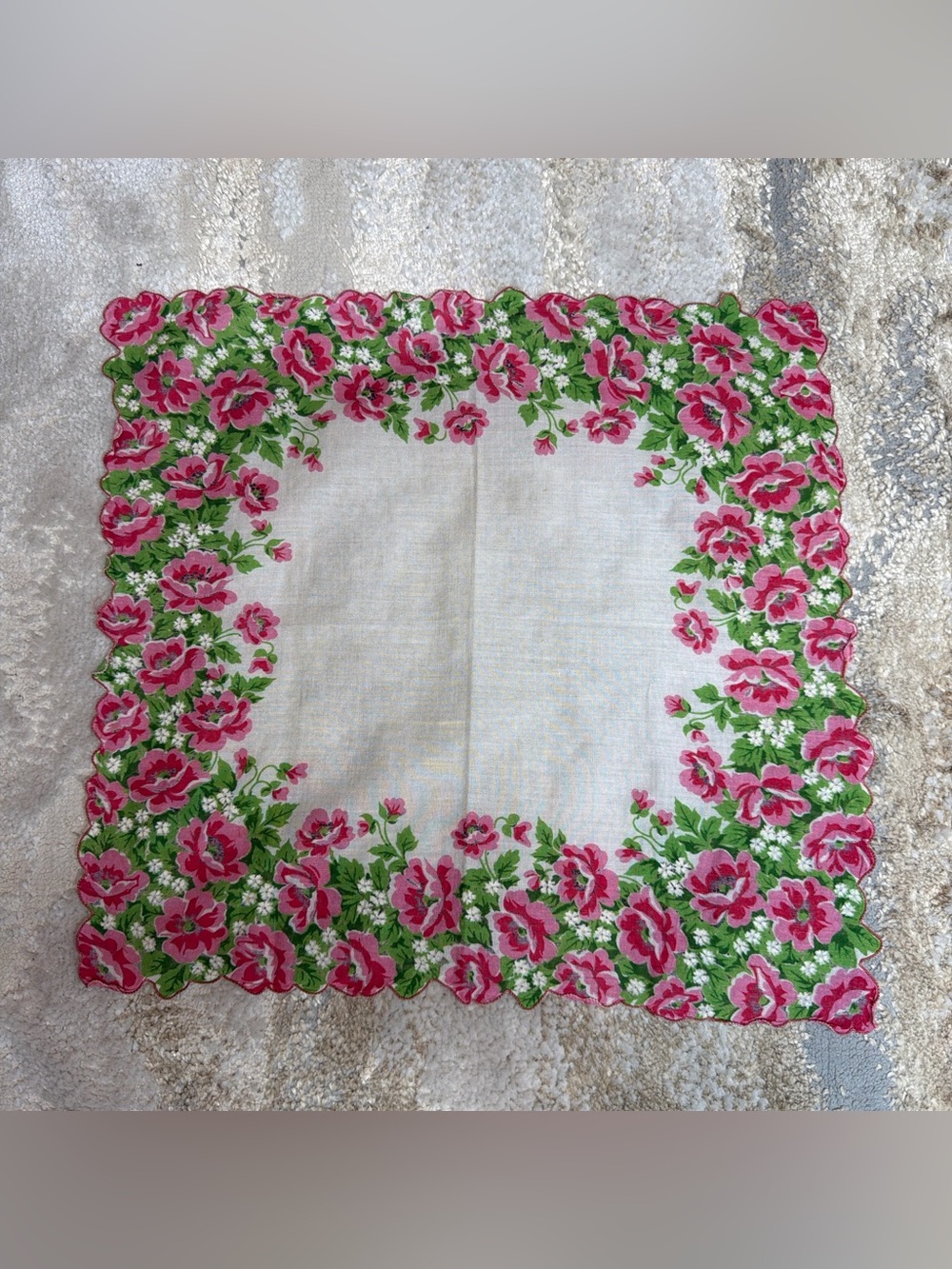Vintage Pink Rose Floral Scalloped Handkerchief